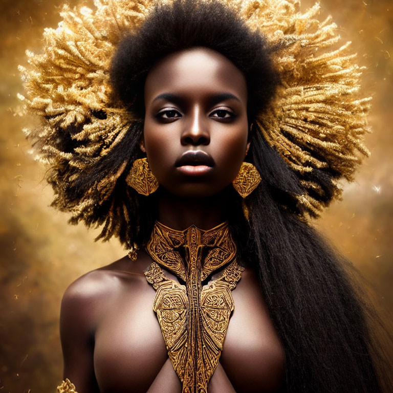 Striking dark-skinned woman with large afro and golden jewelry in warm setting