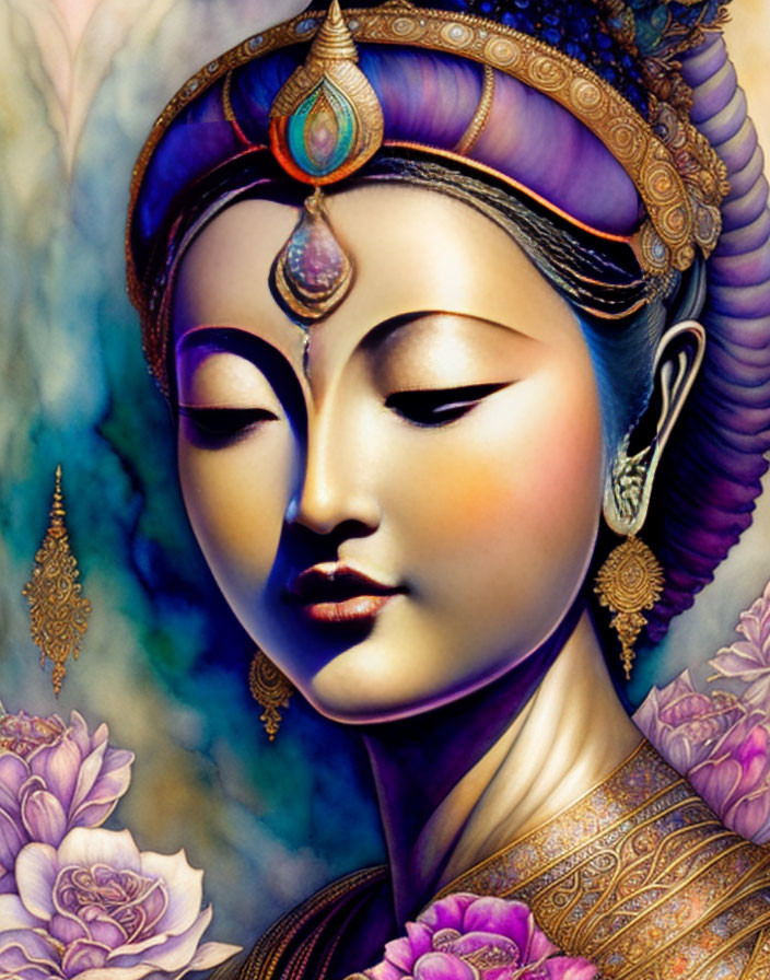 Colorful illustration of serene deity with purple hair and lotus flowers