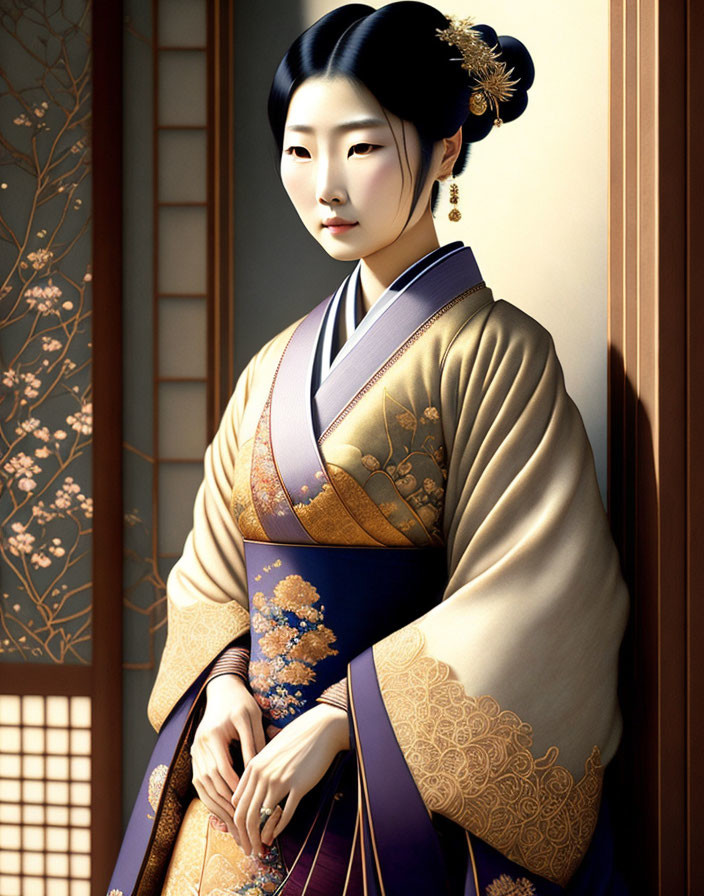 Traditional Japanese Kimono Worn by Woman Beside Wooden Window