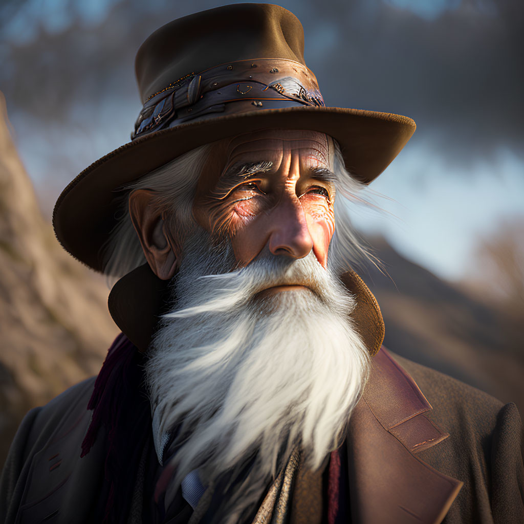 Elderly man with white beard and hat in reflective pose against blurred nature background