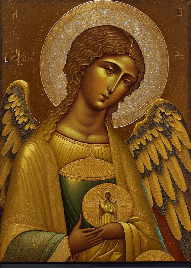 Golden-winged angel with halo holding circular emblem amidst starry background