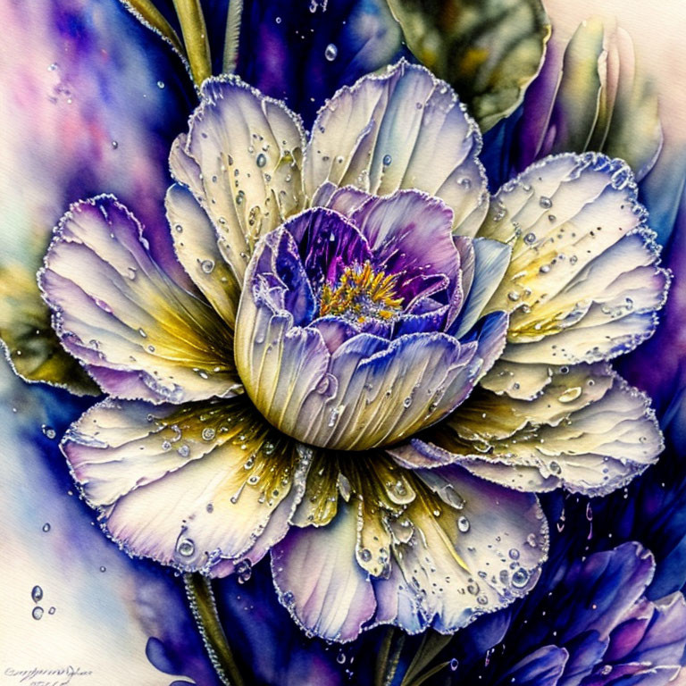 Vibrant watercolor painting of flower with dew drops in purples and blues