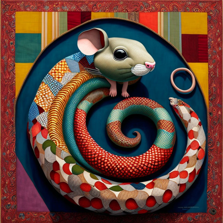 Colorful Illustration of Mouse on Patchwork Snake with Fabric Strips