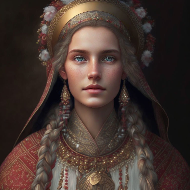 Young woman digital portrait with braided hair, blue eyes, halo, floral headpiece, traditional attire