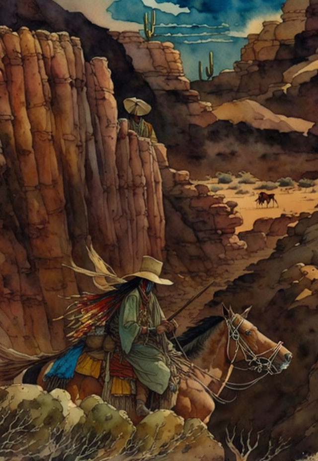 Native American on horseback in desert canyon with rock formations