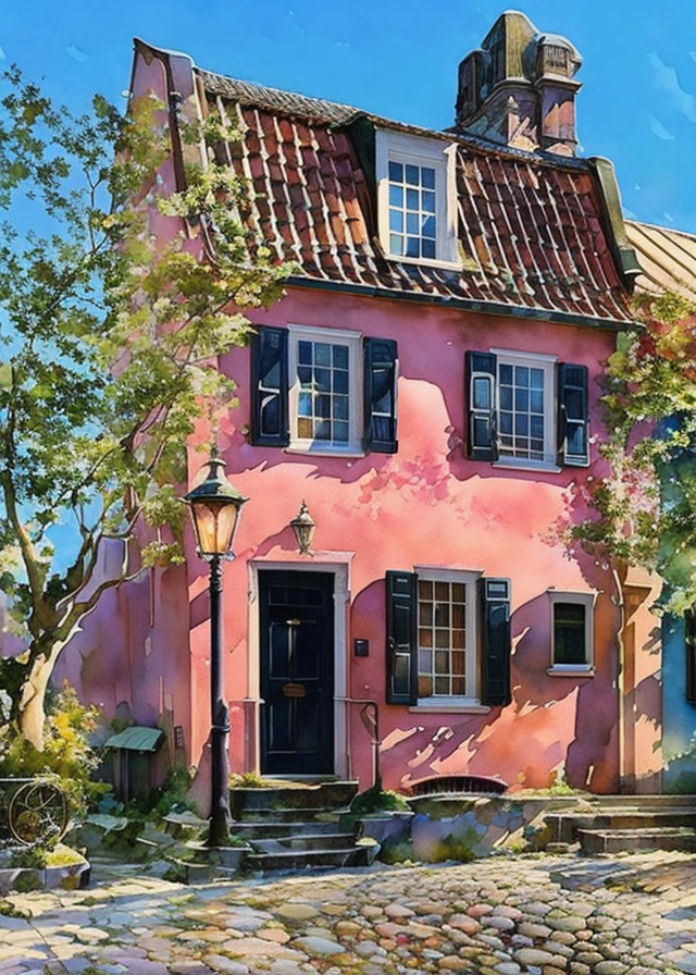 Pink two-story house with red tile roof and black shutters in lush green setting under blue sky