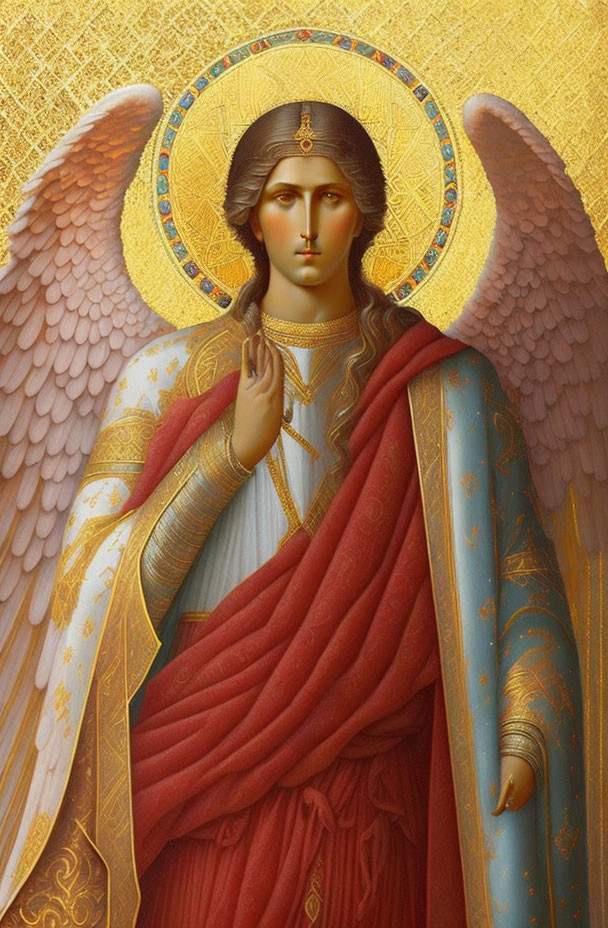 Angelic figure with halo in blue cloak and red garment, detailed wings