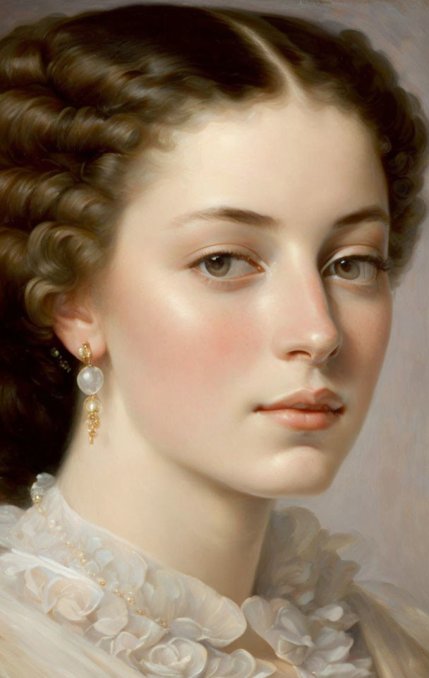 Portrait of young woman with curly hair, pearl earrings, and white collar.