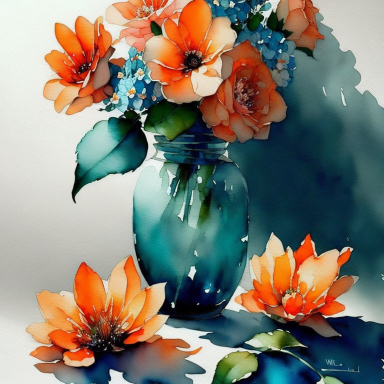 Vibrant Orange Flowers in Translucent Blue Vase on White Background