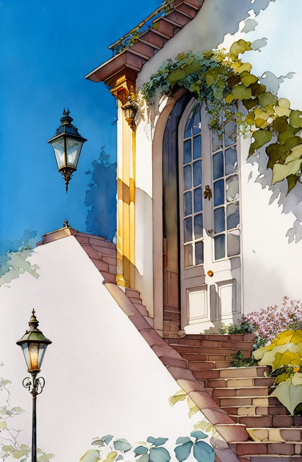 Quaint building with ivy, stone staircase in watercolor.