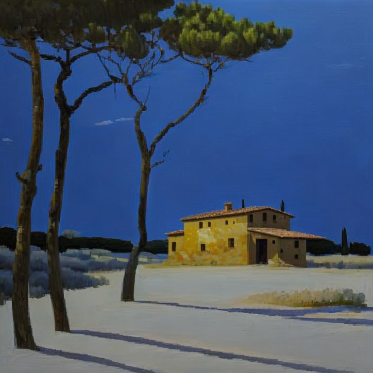 Tranquil Tuscan farmhouse painting at twilight