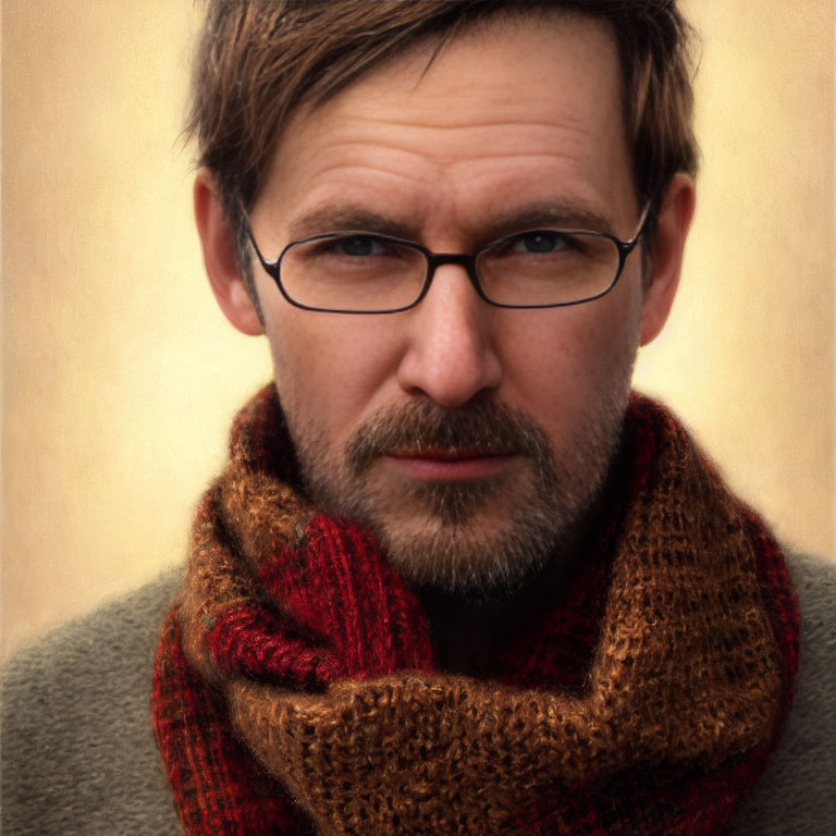 Bearded man in glasses with scarf.