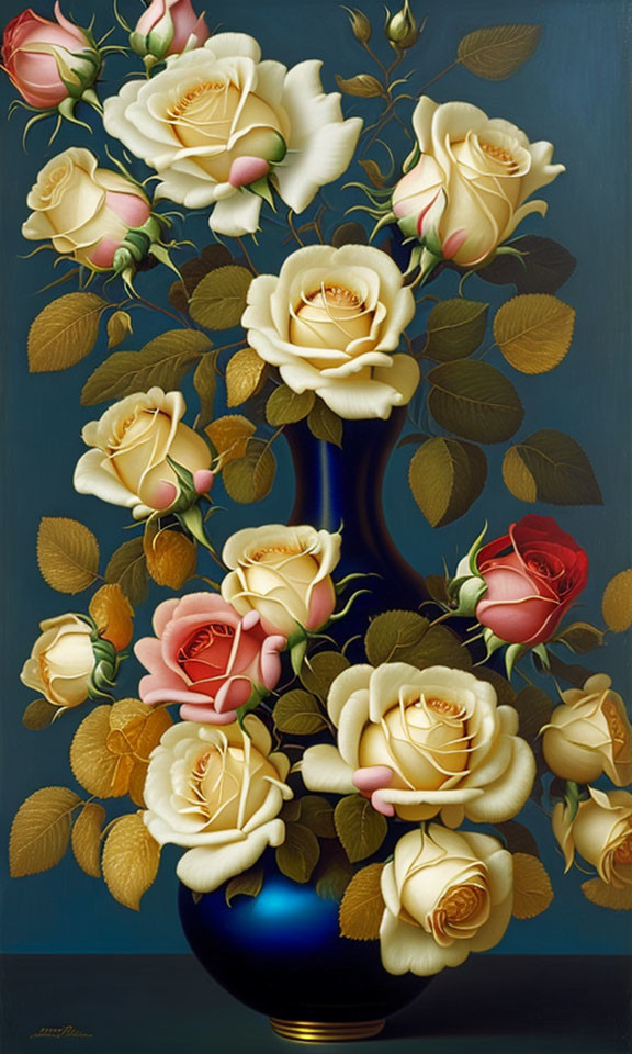 Hyperrealistic Painting of Cream, Pink, and Red Roses in Blue Vase