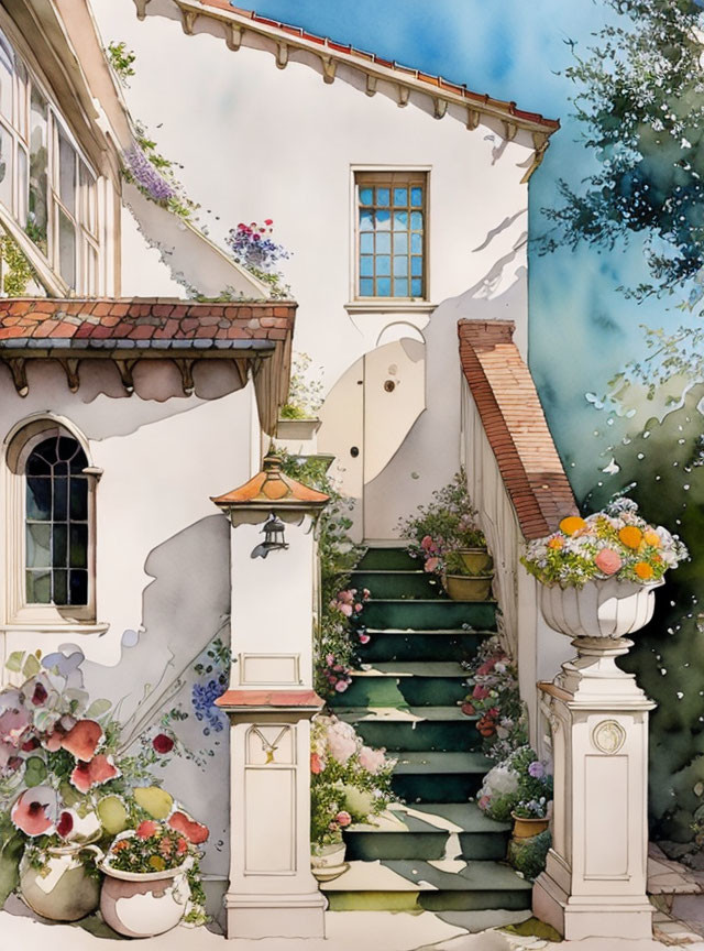 Quaint house illustration with flower-adorned steps in sunny setting