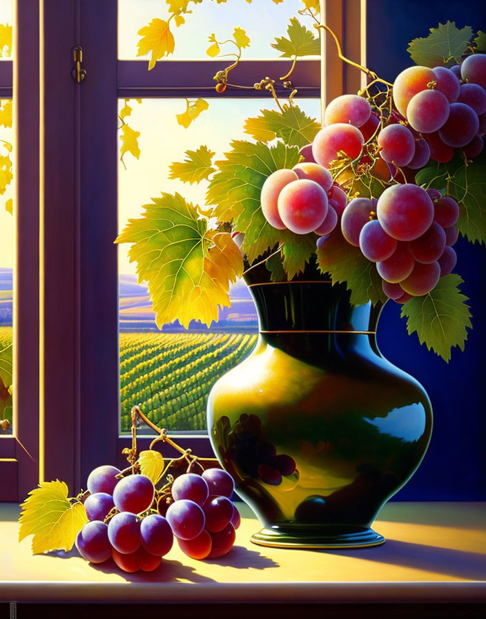 Colorful Still Life Painting of Vase with Grapes on Windowsill