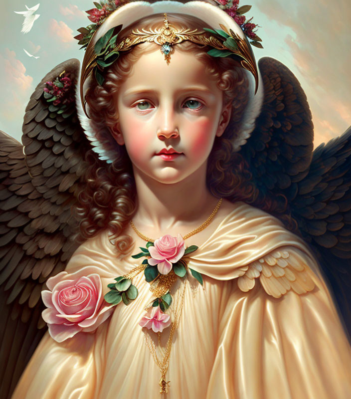 Golden headdress angel with large wings holding pink rose