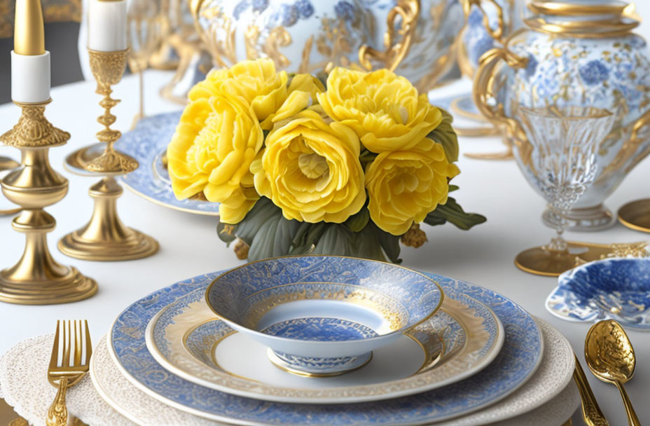 Blue and White Porcelain Dishes with Gold Cutlery and Yellow Roses