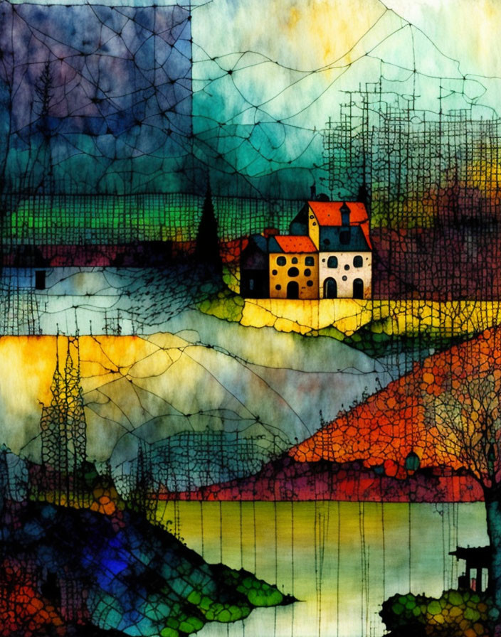 Colorful Stylized Landscape with House, Fields, and Grid Overlay