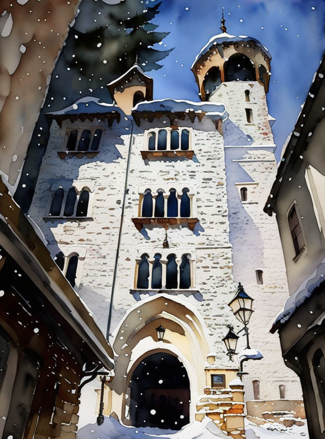 Snow-covered European-style castle with tower in watercolor.