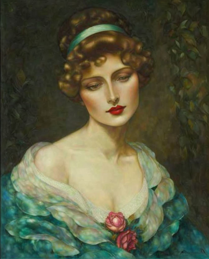 Vintage Portrait of Woman with Curly Hair and Red Lips