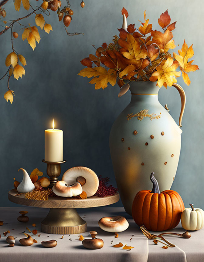 Autumn-themed still life with leaves, candle, pumpkins, gourds, and nuts on