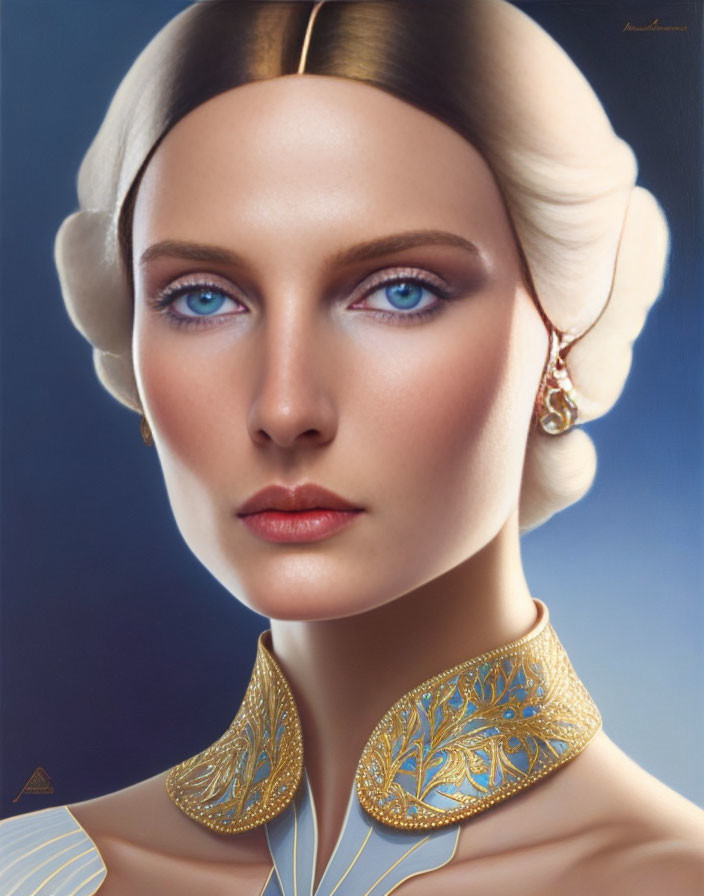 Portrait of Woman with Striking Blue Eyes and Elegant Updo