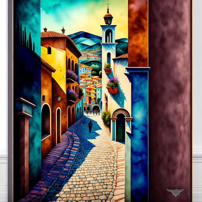 Vibrant painting of cobblestone street in warm village scene