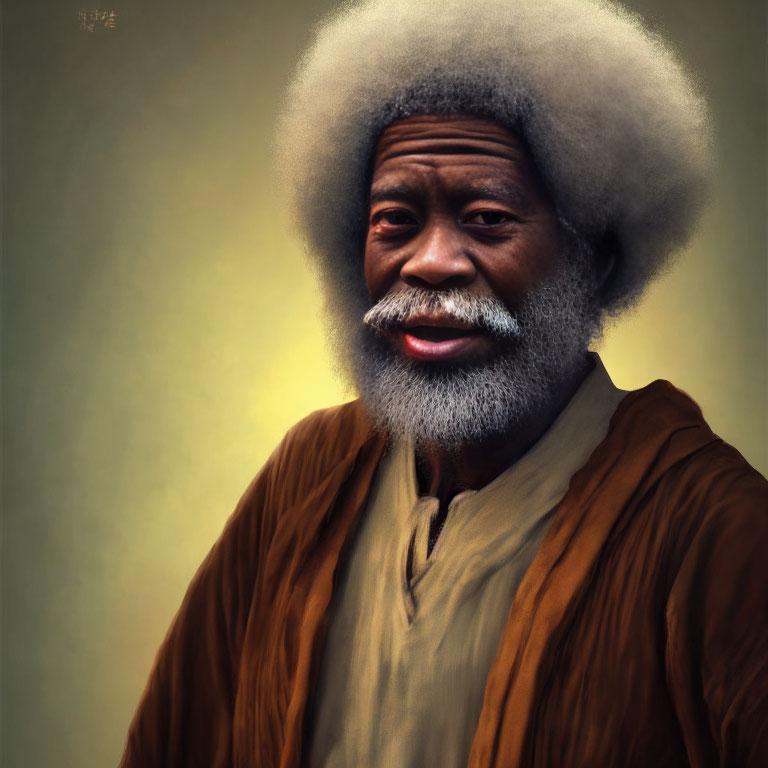 Elderly man with white beard and afro hairstyle in brown shirt