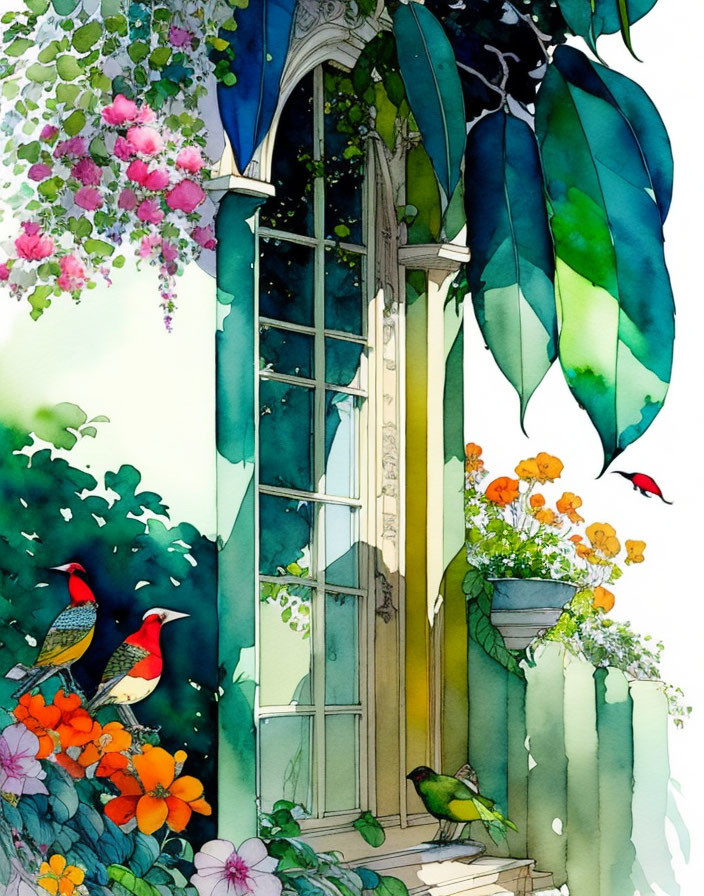 Vibrant garden scene with open window, colorful flowers, birds, and clear sky