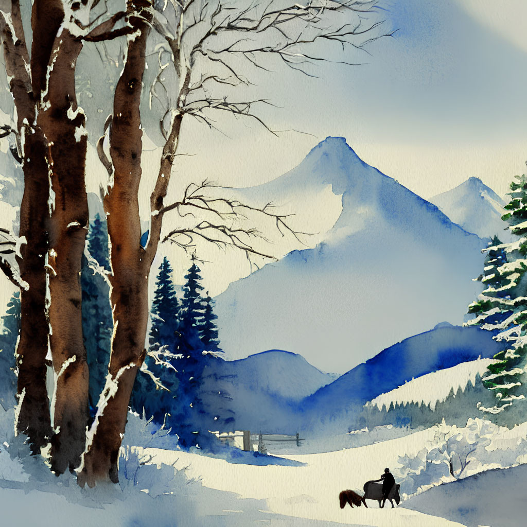 Snowy Landscape Watercolor Painting with Trees, Mountains, and Figure on Horseback