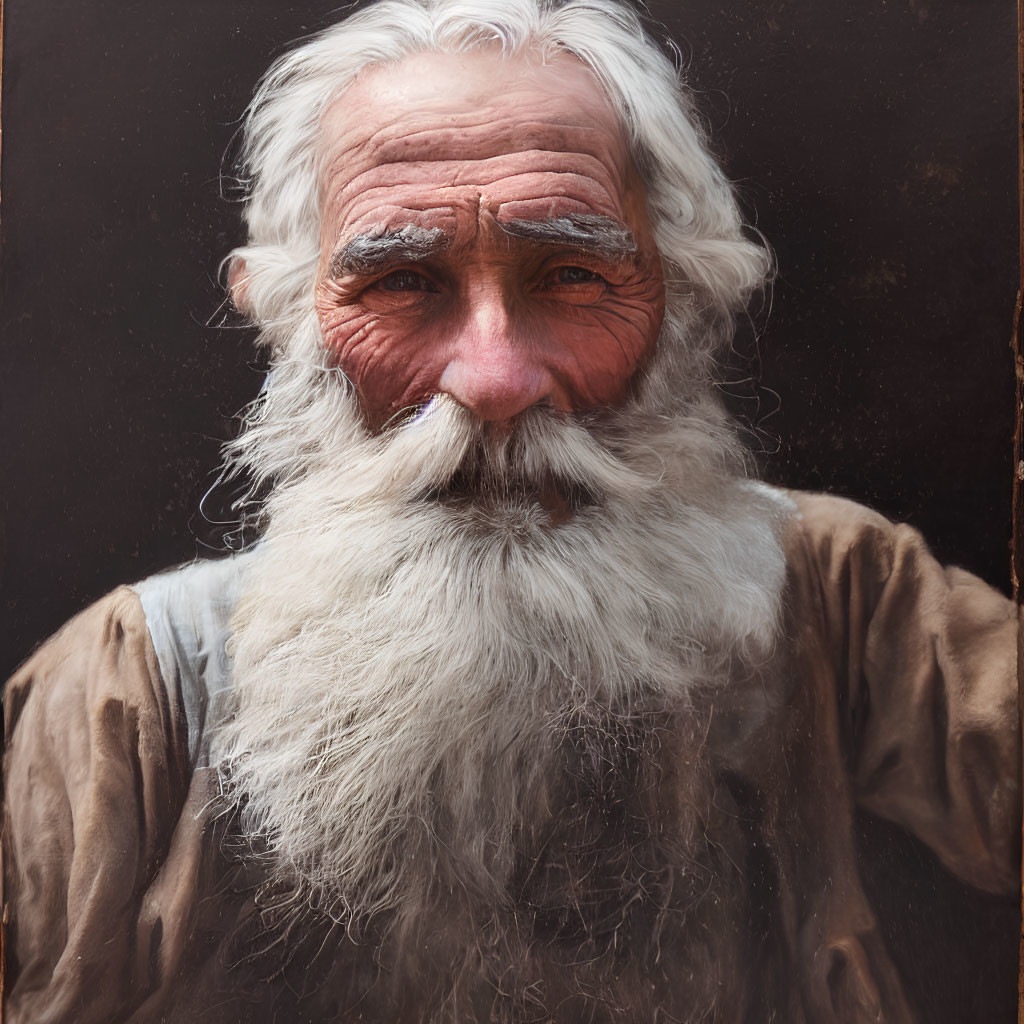 Elderly man with long white beard and mustache in brown shirt