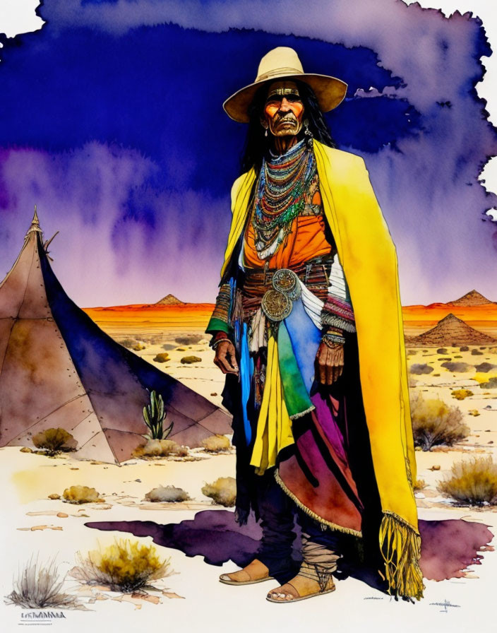 Vibrant Native American man in traditional attire in desert setting