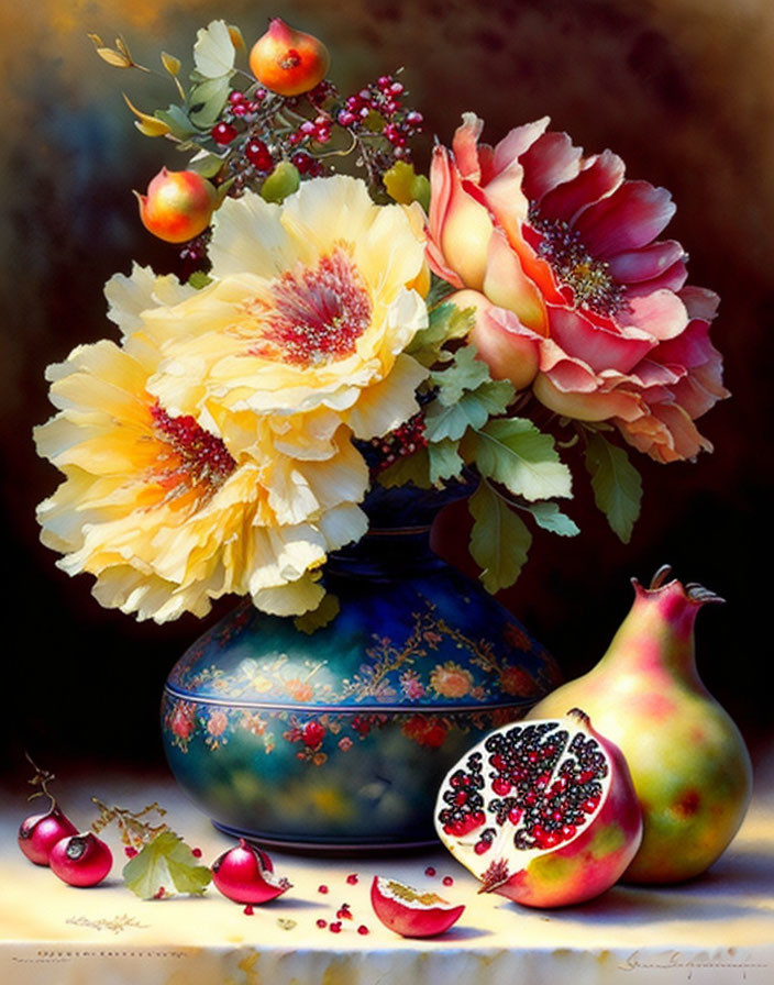 Colorful Still Life Painting with Flowers, Pomegranate, and Cherries