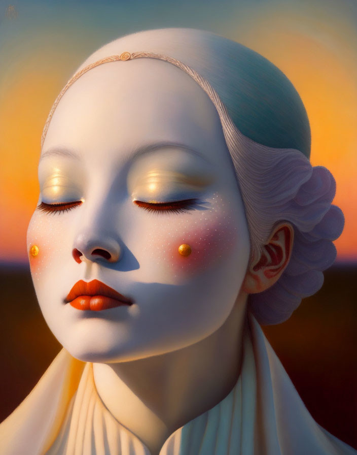 Digital portrait of serene woman with golden eyelids and orange lips against warm sunset background portrays calm, eth