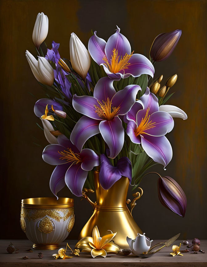 Purple and White Flower Bouquet in Golden Vase with Scattered Petals and Nuts