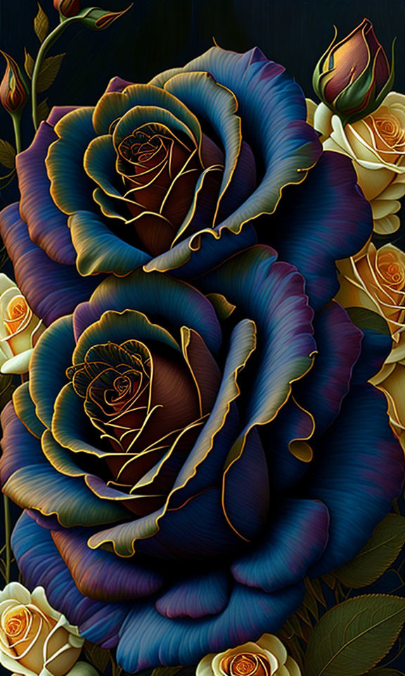 Colorful digital artwork featuring blue and purple roses with gold edges on a dark backdrop