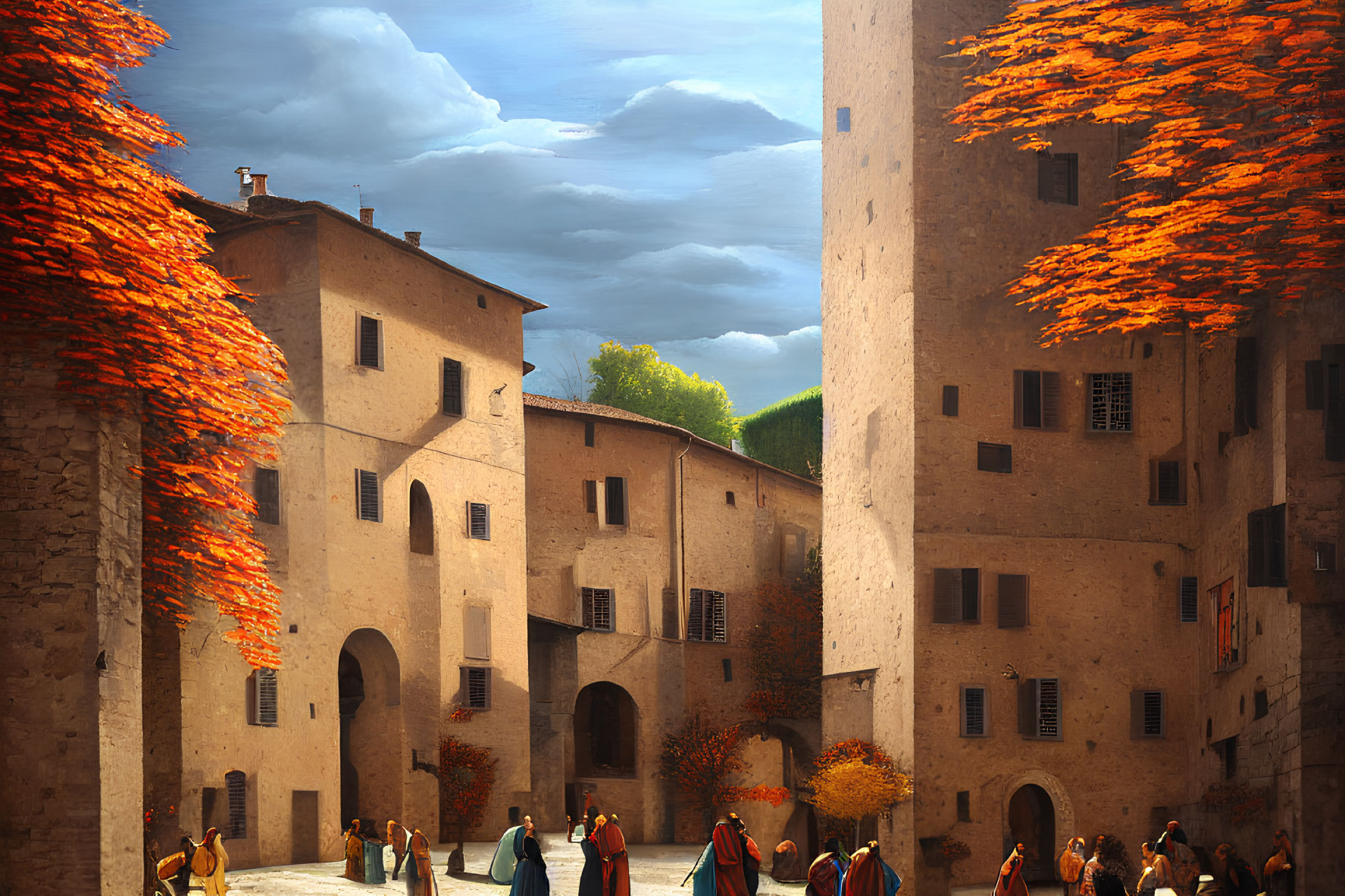 Medieval square with stone buildings, people in period costumes, autumn trees, and soft glowing sky