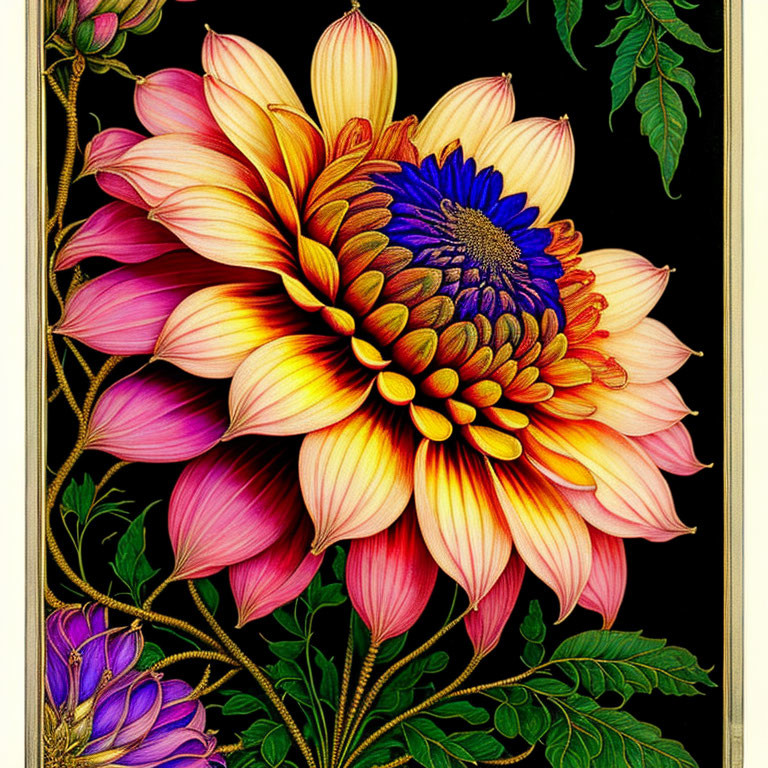 Colorful multicolored flower illustration on black background