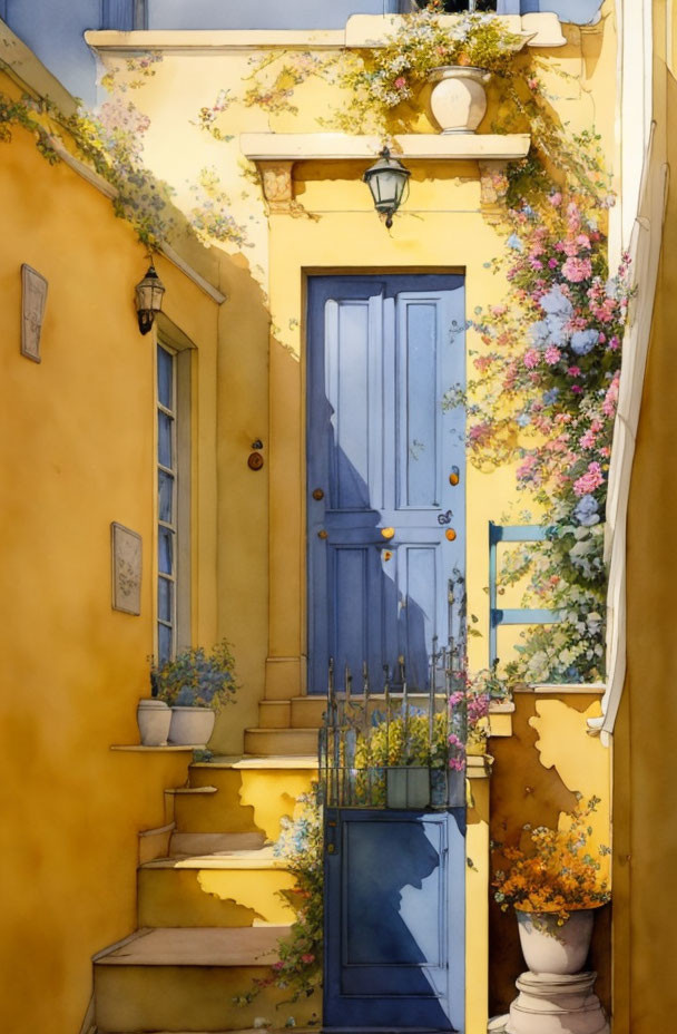 Sunny yellow entryway with blue door and Mediterranean charm