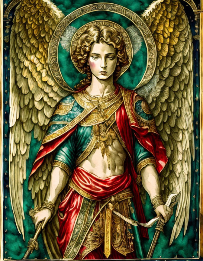 Golden-winged angel in blue and red armor wields sword on teal backdrop