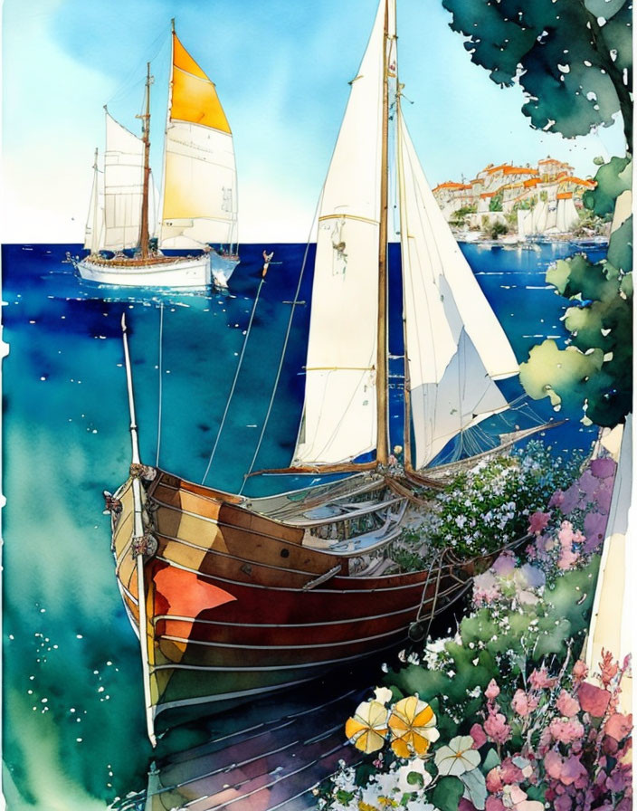 Colorful Sailboats Watercolor Painting by Seafront