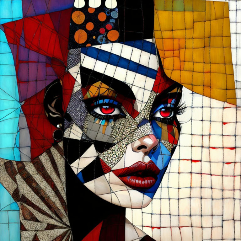 Vibrant abstract portrait of a woman with geometric patterns and textures