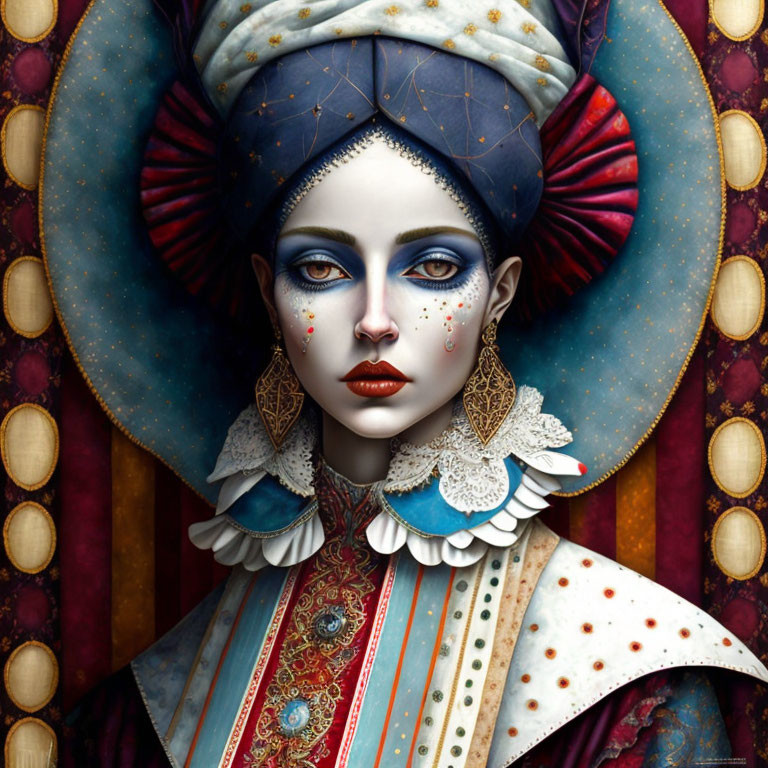 Regal person illustration with elaborate headgear and blue, white, gold accents