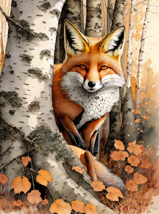 Vibrant red fox in birch tree setting amid autumn leaves