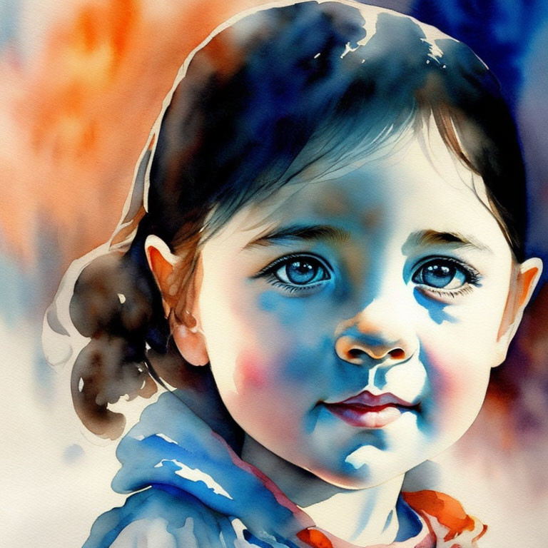 Vibrant watercolor portrait of a young girl with blue eyes and pigtails