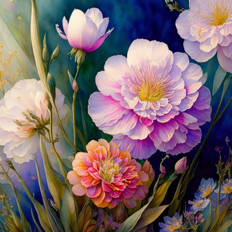 Vivid painting of blooming pink flowers on deep blue background