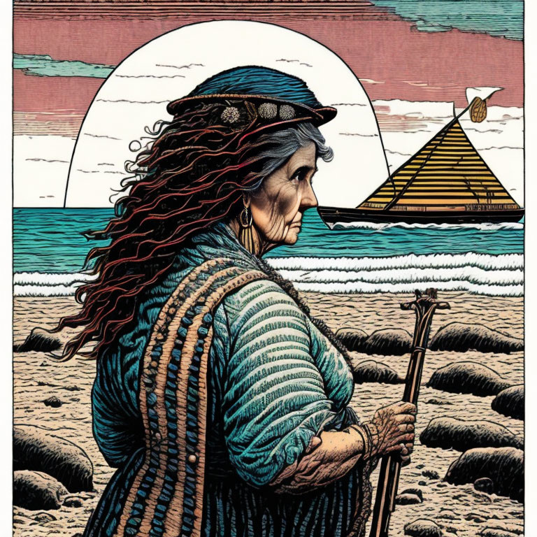 Illustrated elderly woman with red hair on beach holding staff, pyramid & setting sun.