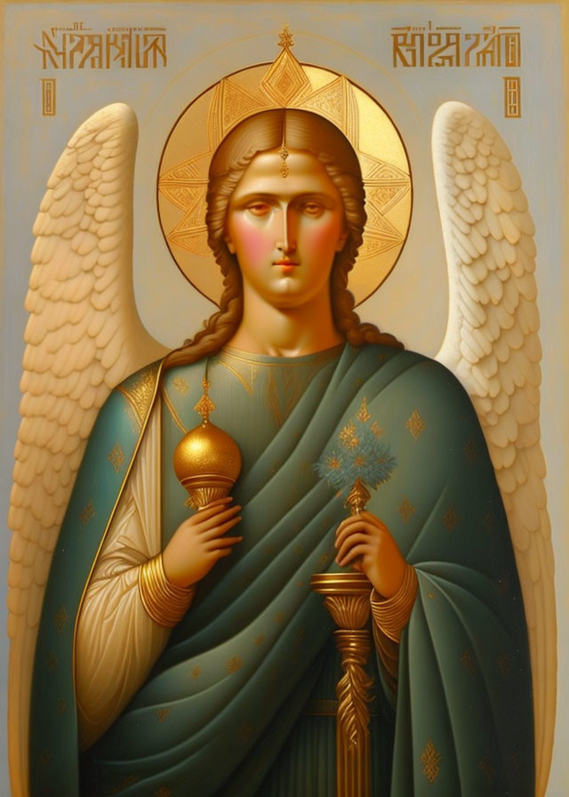 Angel with Gold Halo, Wings, Orb, and Staff on Blue Background