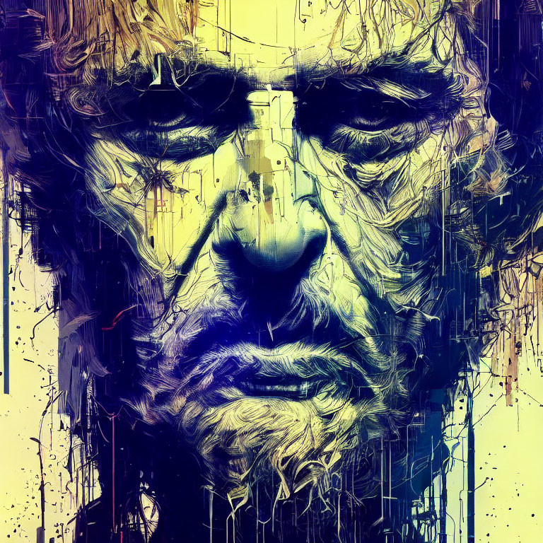Abstract portrait in blue and yellow tones with intense expression and dynamic paint strokes