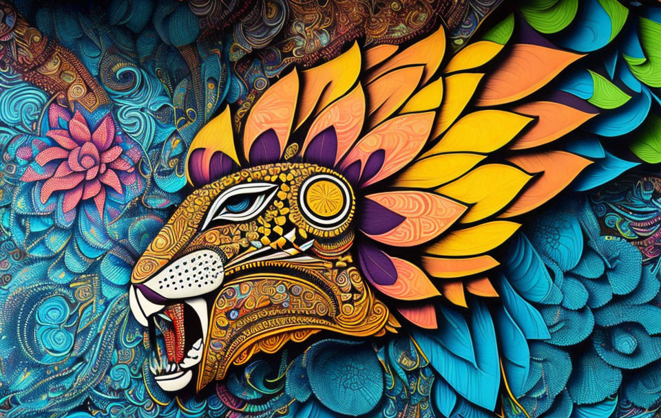 Abstract lion art with vibrant mane and psychedelic background